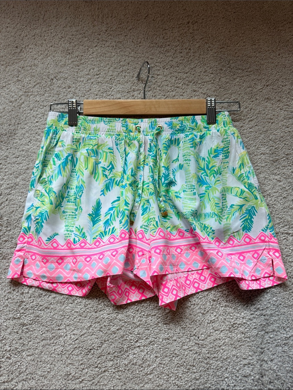 Lilly Pulitzer Green and Blue Palm Print Shorts with Pink Border